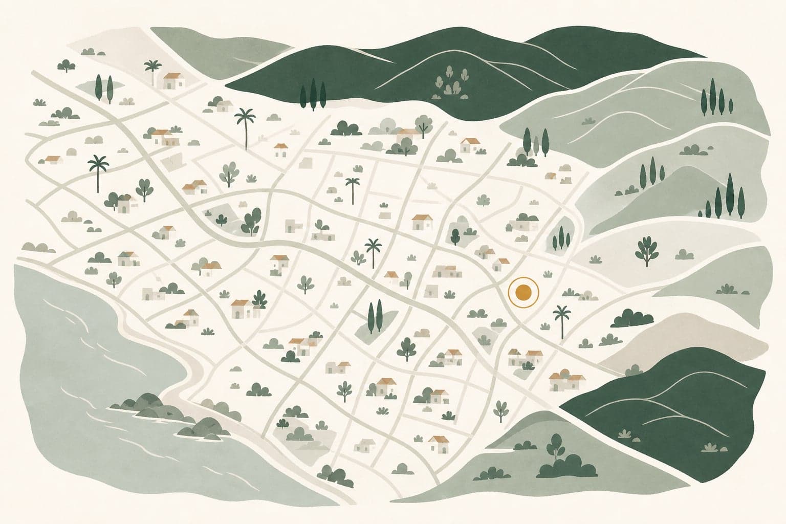 Stylized illustration of a small coastal suburb, with a dot marking the clinic area