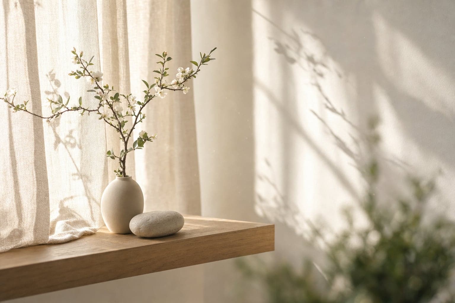 Illustration: morning light through a sheer curtain onto a windowsill with a flowering branch