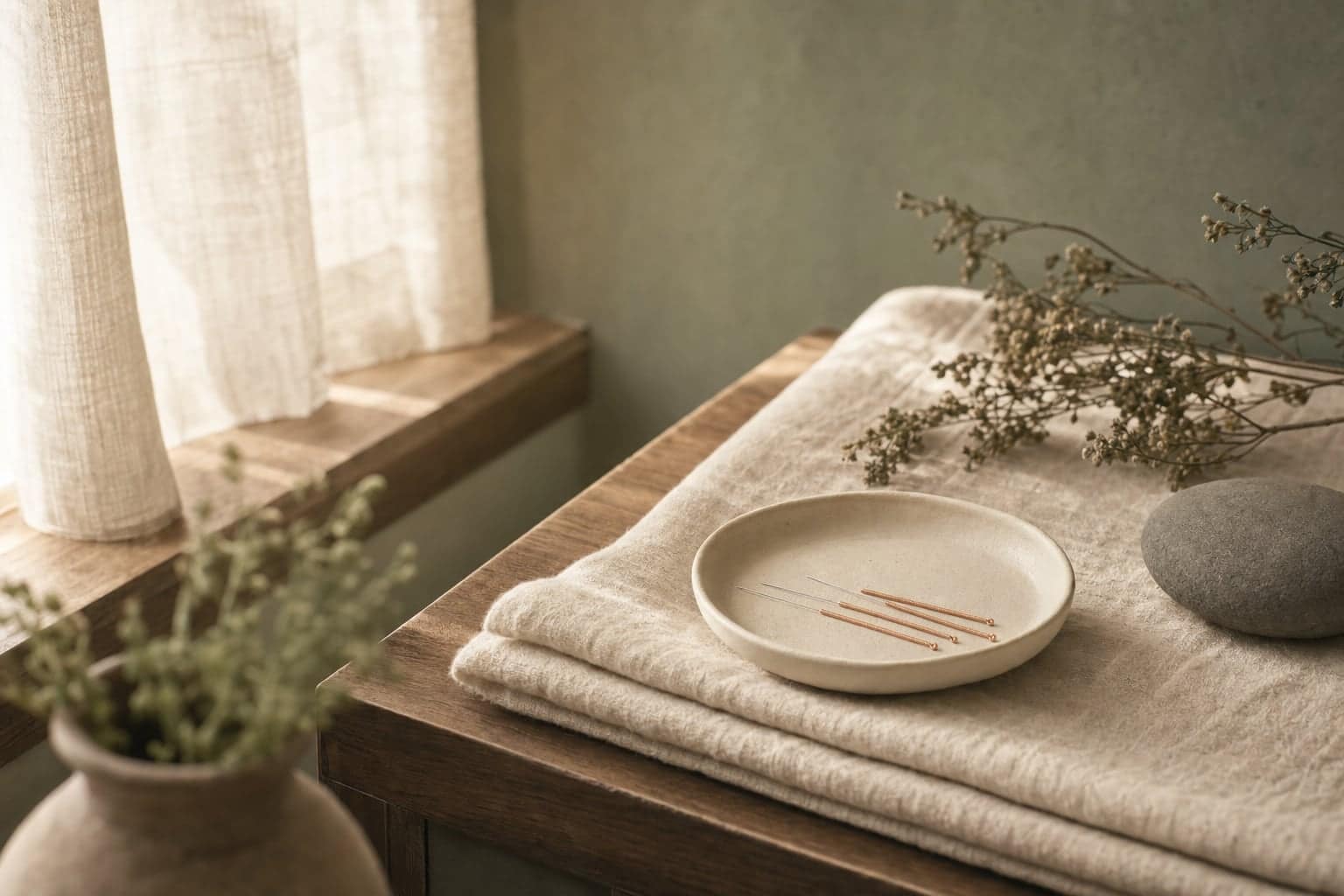 Illustration: fine acupuncture needles resting in a small ceramic dish on folded linen
