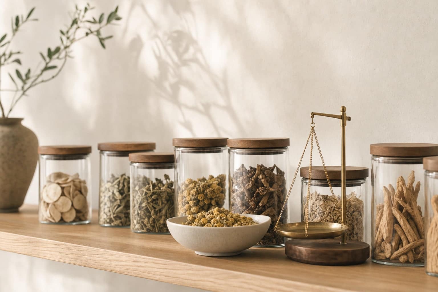 Illustration: unlabeled glass jars of dried herbs and roots on a light oak shelf