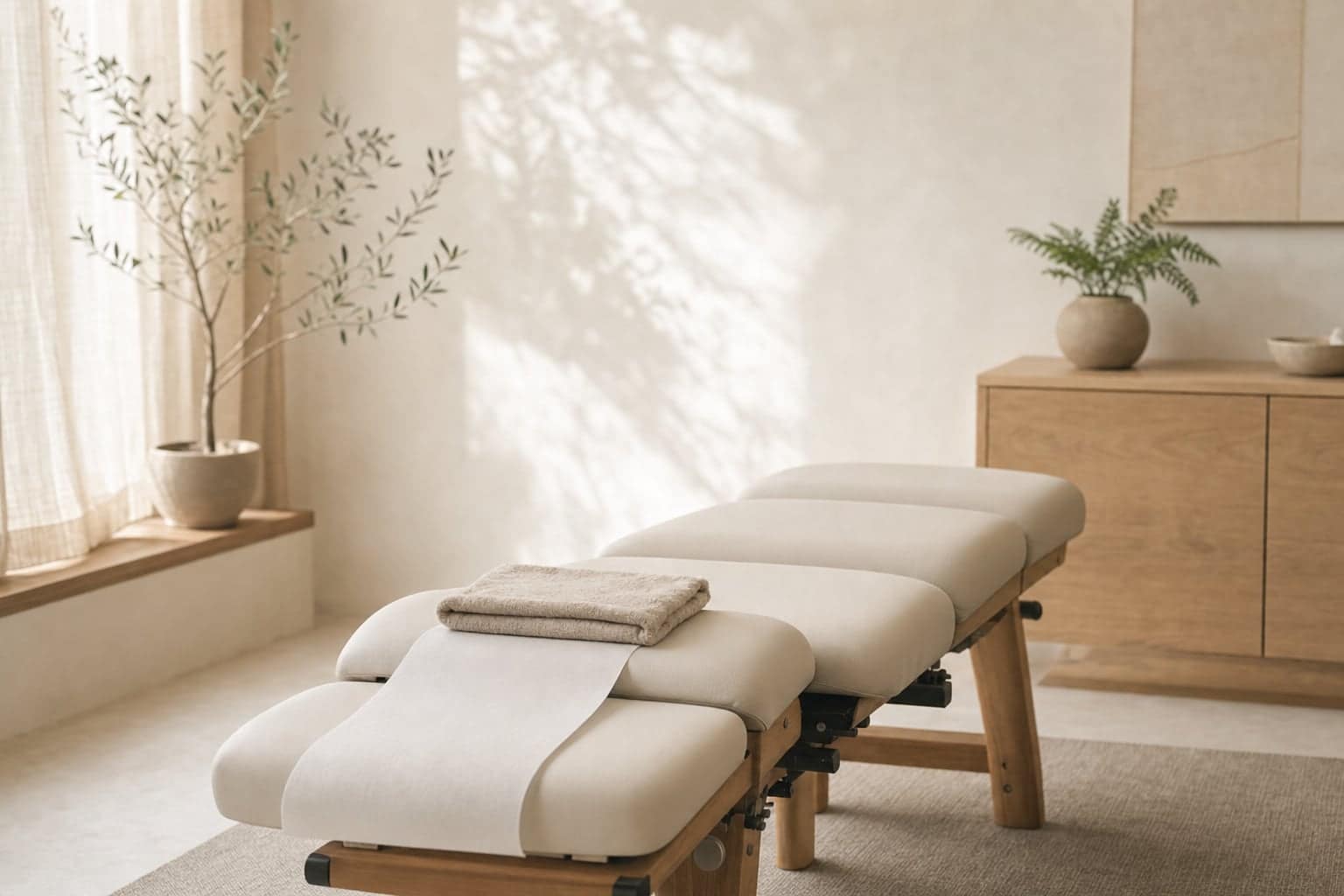 Illustration: a chiropractic adjustment table in a quiet, sunlit treatment room