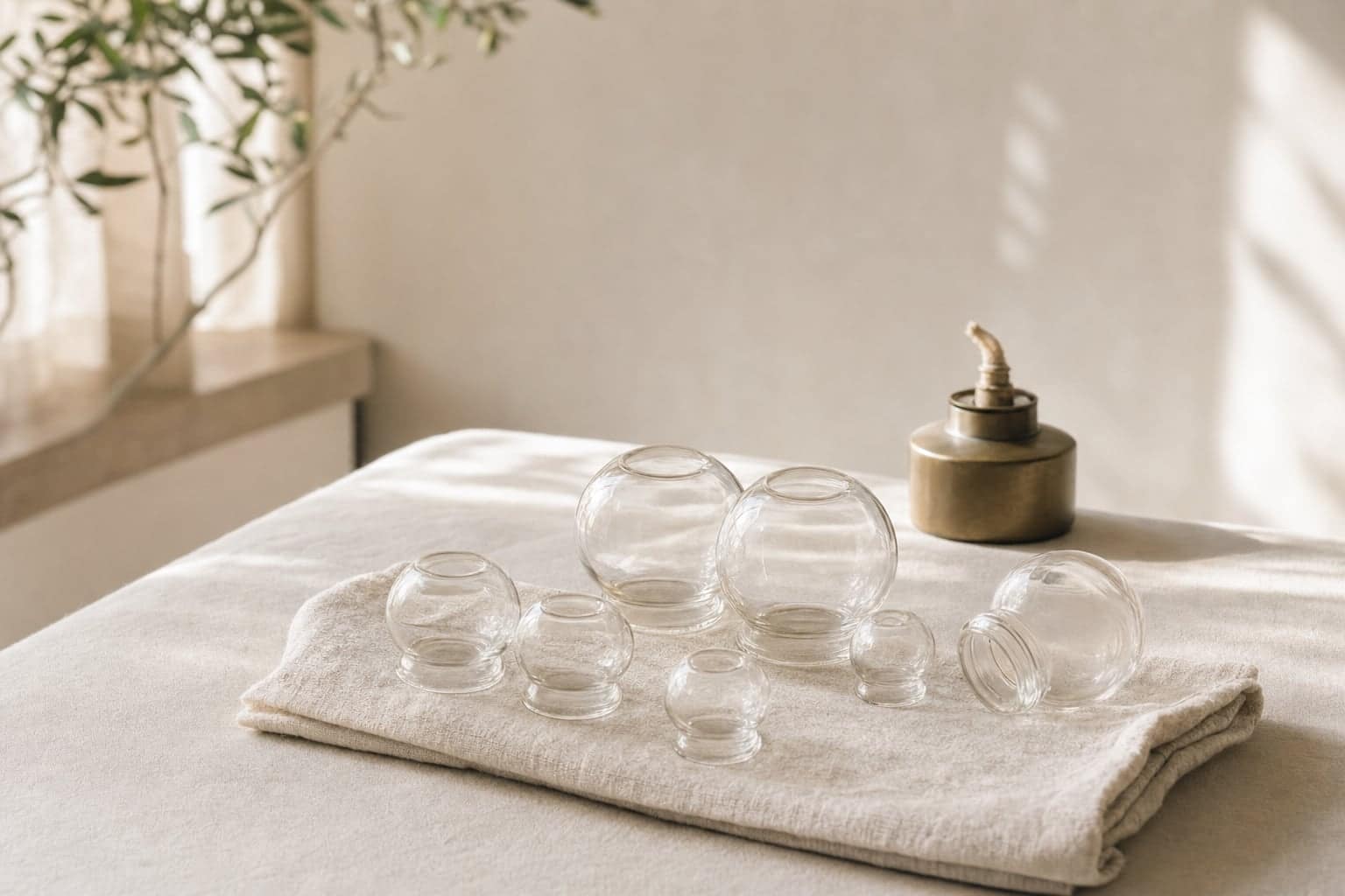 Illustration: round glass cupping cups arranged on a folded linen towel