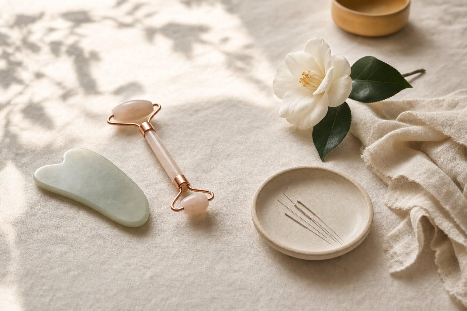 Illustration: a gua sha stone, facial roller, and fine needles arranged with a camellia bloom