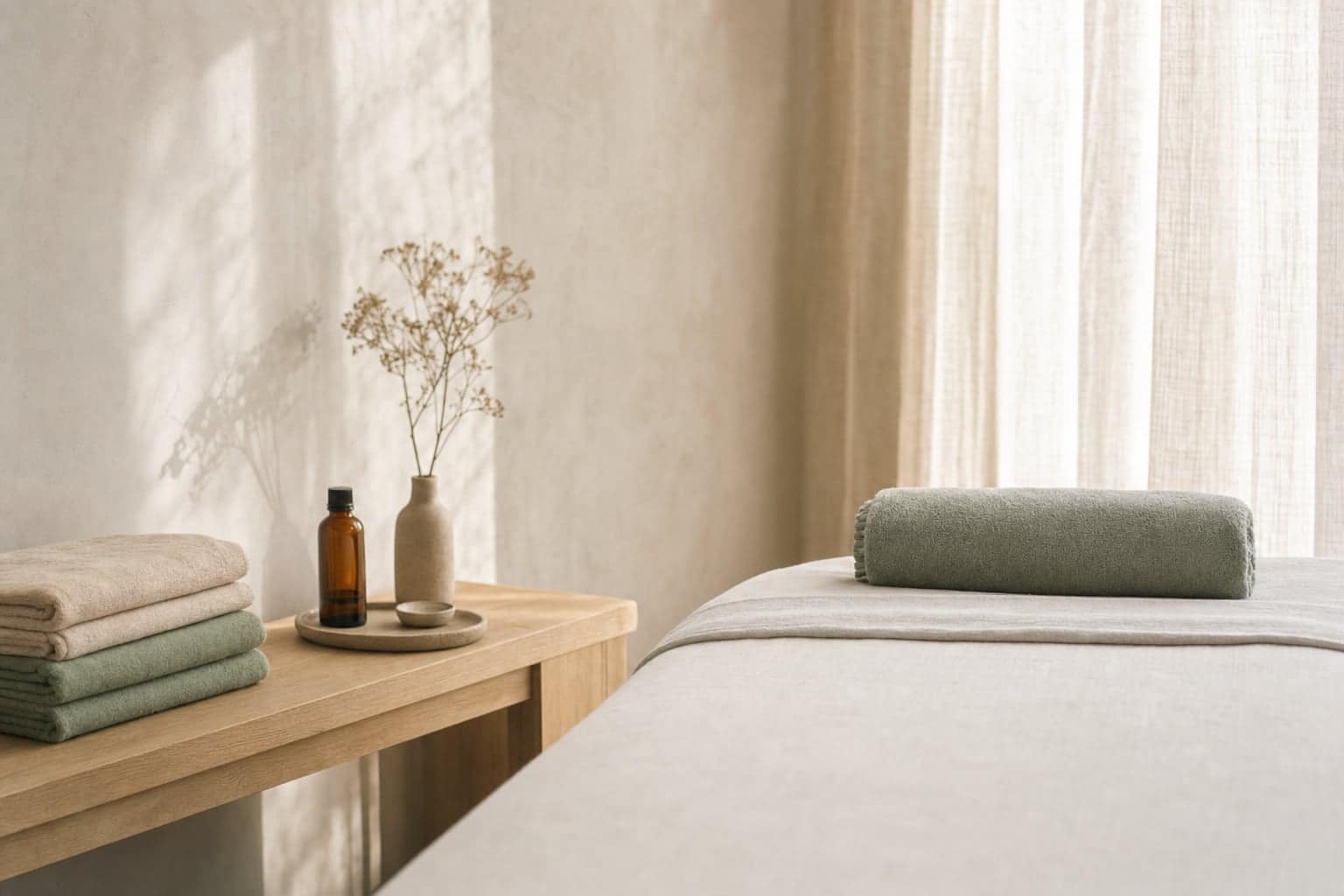 Illustration: a massage table with folded towels and an amber oil bottle in soft daylight